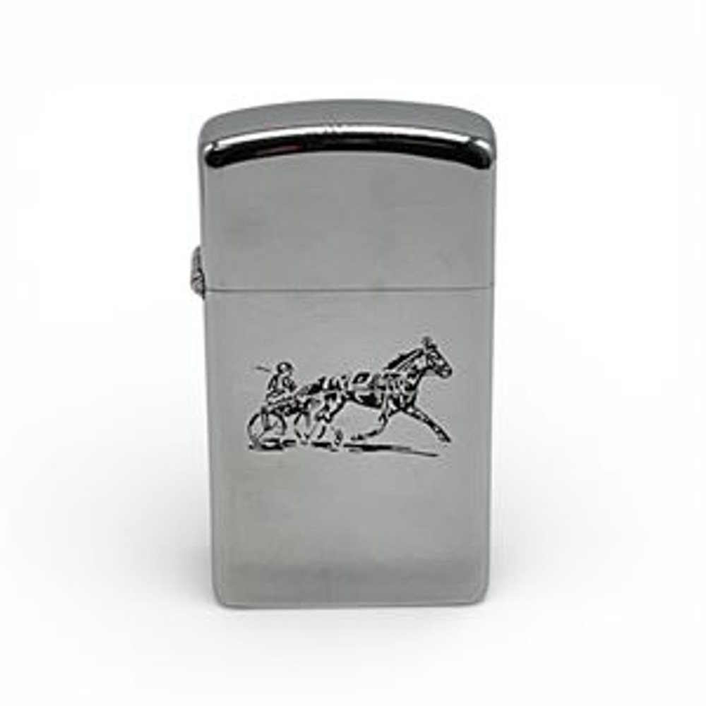 1974 Zippo Slim Lighter Harness Racing Horse Sulky Chrome Vintage Collectible